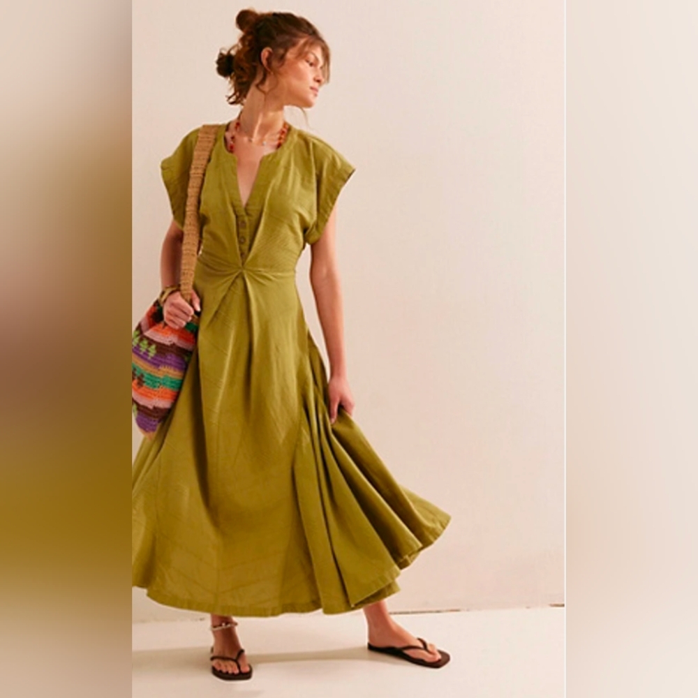 Free People Outta Here Midi Olive Green Heavyweight Dress Women's Size Large